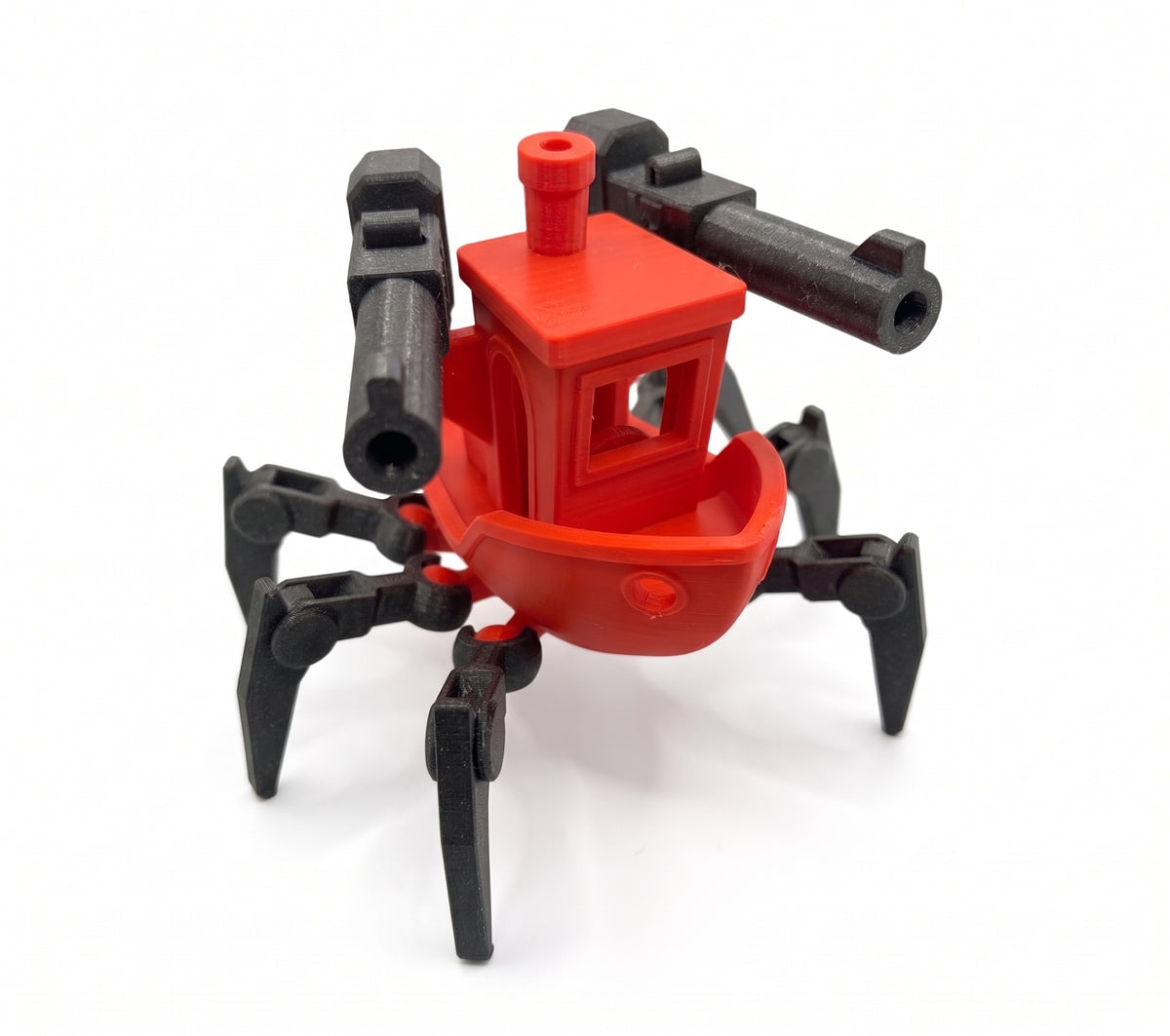 Red Benchy boat-shaped assault vehicle toy with black spider-like legs and twin cannon-style details.