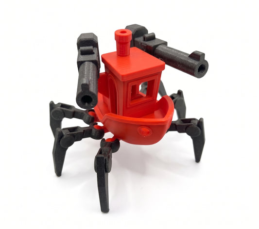 Red Benchy boat-shaped assault vehicle toy with black spider-like legs and twin cannon-style details.