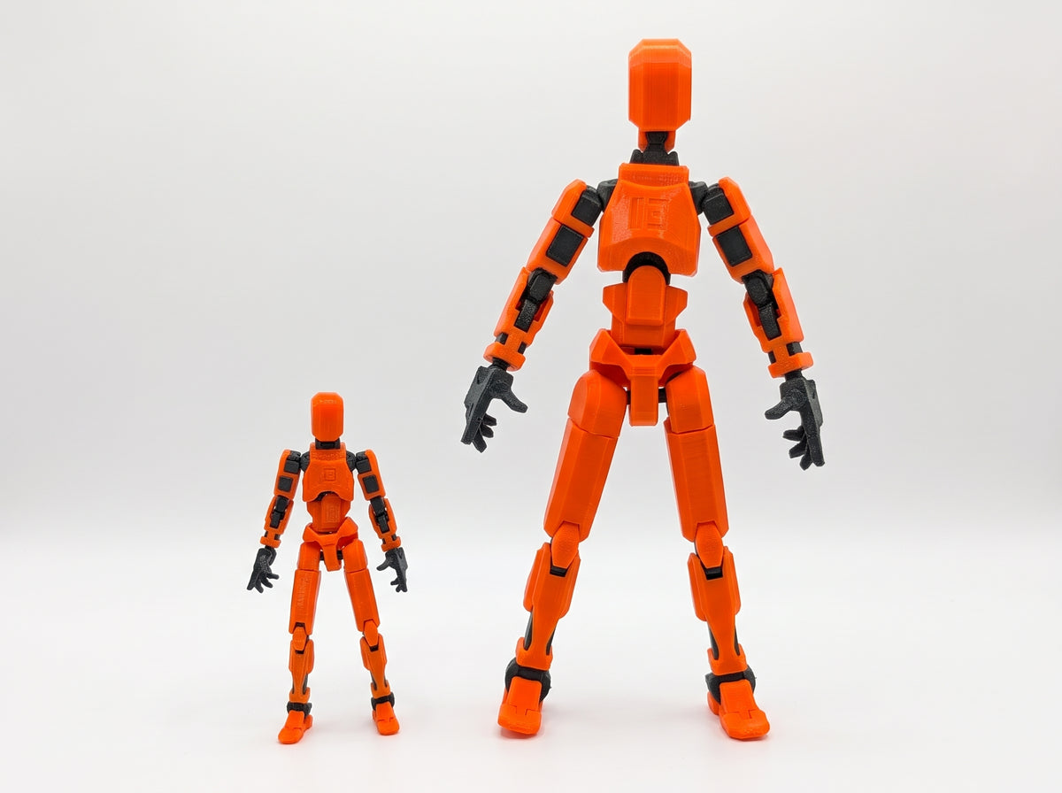 Orange crash test dummy figures in standing and seated poses