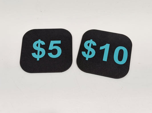Black price signs with rounded corners and turquoise $5 and $10 amounts
